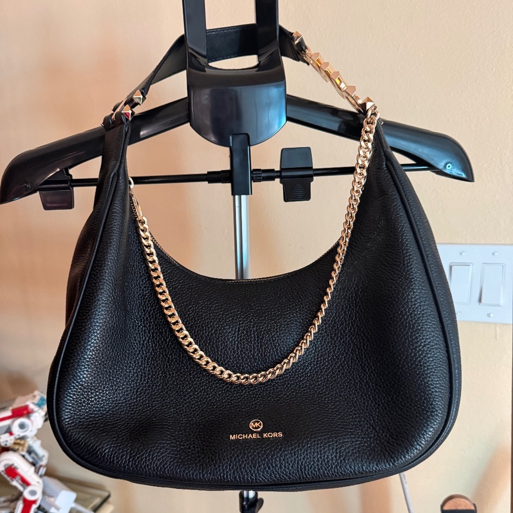 Michael Kors Black Pebbled Leather Hobo with Gold Chain Strap
